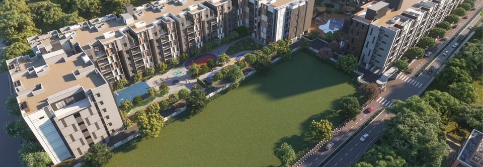 TVS Emerald Verde Vista – aerial view of the low-rise blocks around the central greens (artist's impression)