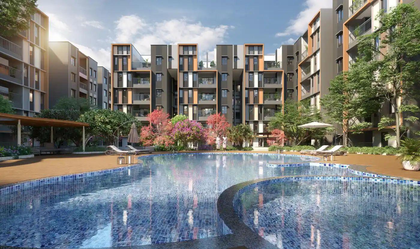 TVS Emerald Verde Vista – low-rise apartments seen from the swimming pool, Padur, OMR (artist's impression)