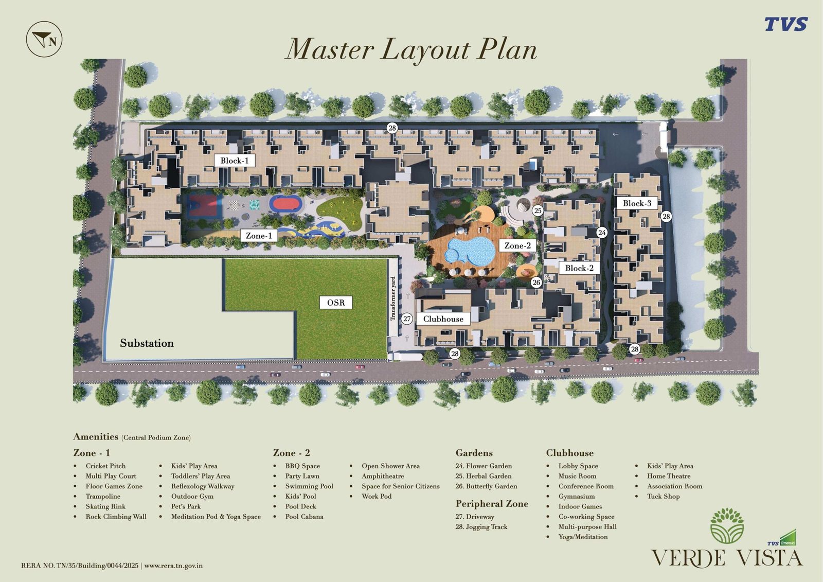 TVS Emerald Verde Vista master layout plan with central podium amenity zones